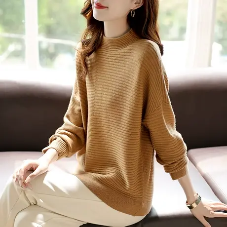 宝诗黎圆领落肩慵懒羊毛毛衣纯色套头针织衫2023新款秋季高级内搭商品大图