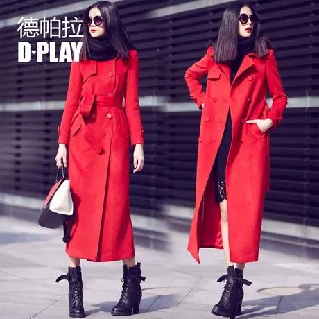 D－PLAY秋冬款欧美红色羊毛呢长款大衣双排扣过膝修身长外套女装商品大图