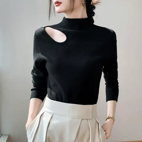 半高领长袖针织打底衫女2023秋冬新款镂空设计感小众西装内搭上衣图片