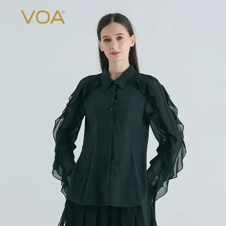 VOA桑蚕丝顺纡军绿色POLO领长袖飘带荷叶边单排扣百搭真丝衬衫图片