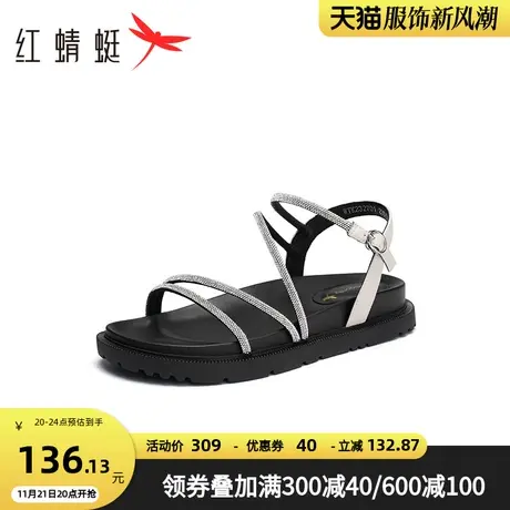红蜻蜓女凉鞋2023夏季新款时装凉鞋带钻一字带凉鞋女舒适平底凉鞋商品大图