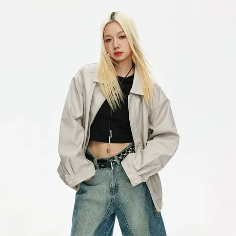 复古pu皮夹克外套女春秋2023年新款街头潮牌纯色宽松oversize皮衣商品大图