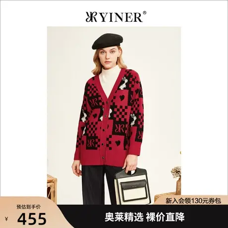 YINER音儿女装2022冬季新款卡通格子毛衣针织开衫商品大图