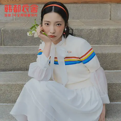 韩都衣舍彩虹针织衫秋冬新款撞色宽松短款短袖上衣EQ13569商品大图