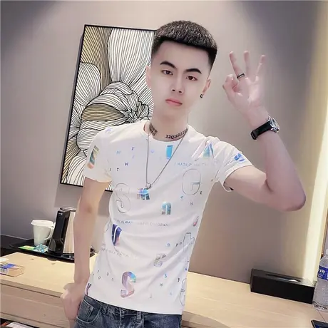 夏季男t恤短袖修身半袖潮流潮牌花色字母印花个性休闲体恤半截袖商品大图