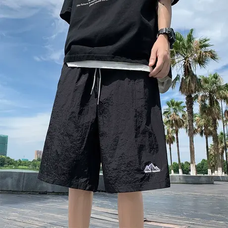 刺绣休闲短裤男夏季薄款透气冰丝速干五分裤日系复古潮流沙滩裤子商品大图