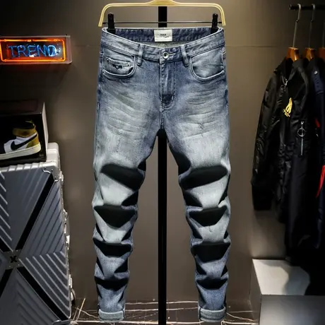 夏季高档日系复古做旧牛仔裤男直筒宽松潮牌男士长裤子男韩版潮商品大图