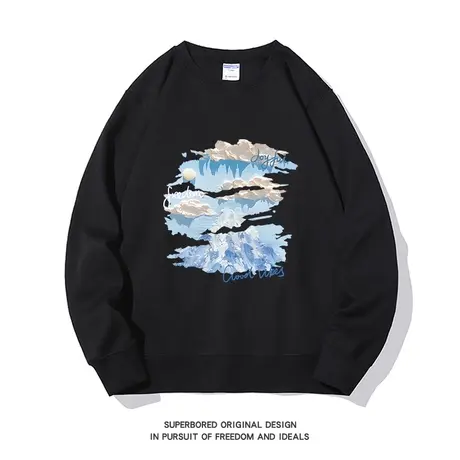 简约油画风雪山印花圆领卫衣男小众设计感印花无帽宽松休闲上衣商品大图