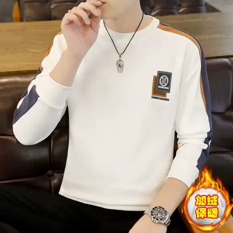 秋冬季男士撞色长袖t恤加绒加厚圆领体恤衫潮流美式卫衣保暖上衣图片