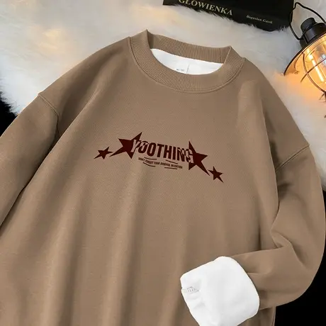 450g重磅卫衣男2024新款摇粒绒加厚保暖长袖t恤无帽圆领宽松潮流商品大图