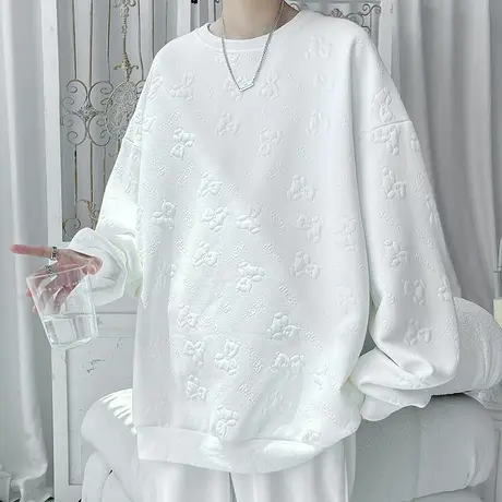 2024秋季新款立体提花小熊纯色圆领卫衣男ins潮流冷淡风休闲上衣商品大图