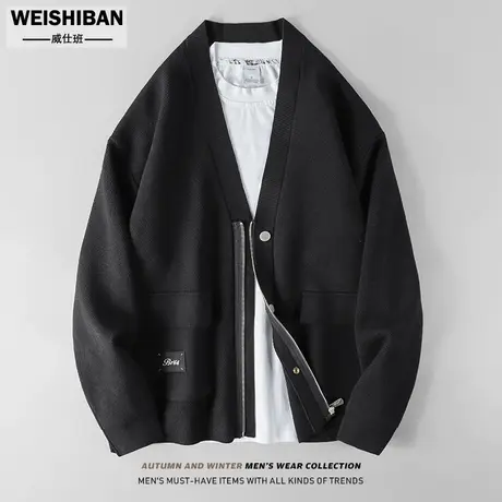 春秋季半拉链慵懒风毛线衣男外套V领针织衫小众设计感外穿毛衣潮商品大图