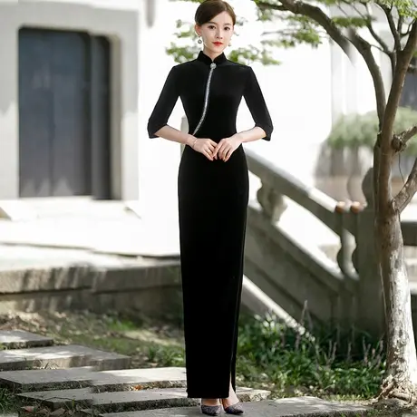 2024年春秋新款改良版走秀礼仪旗袍长款七分袖演出优雅显瘦连衣裙商品大图