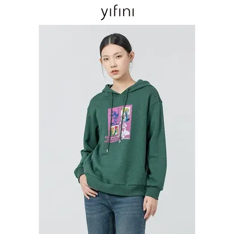 Yifini/易菲纯棉抓绒连帽数码印花宽松卫衣女秋冬新款上衣图片