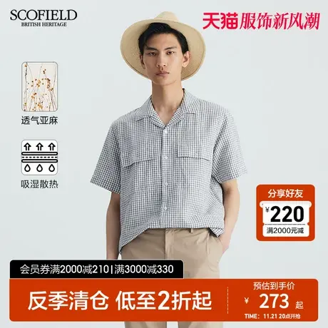 SCOFIELD男士衬衣夏季亚麻棉质休闲小格子商务短袖衬衫口袋装饰图片