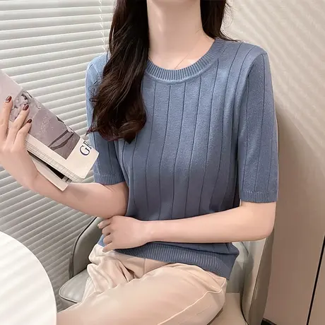 针织短袖打底衫女薄款春装2023套头内搭显瘦百搭中袖针织T恤上衣图片