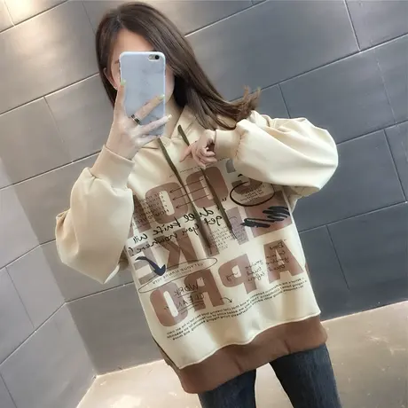 学院风字母印花连帽卫衣女加绒加厚2023年秋冬新款保暖外套百搭潮商品大图