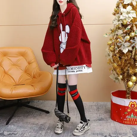 加绒加厚连帽卫衣女中长款2024新款春季宽松慵懒风百搭羊羔毛外套图片