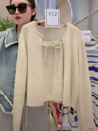 春夏新小个子套装女别致独特长袖上衣休闲系带吊带开衫百搭两件套图片