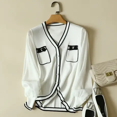 雪纺长袖冰丝针织开衫女春装2024年新款宽松上衣洋气蕾丝打底衫女商品大图