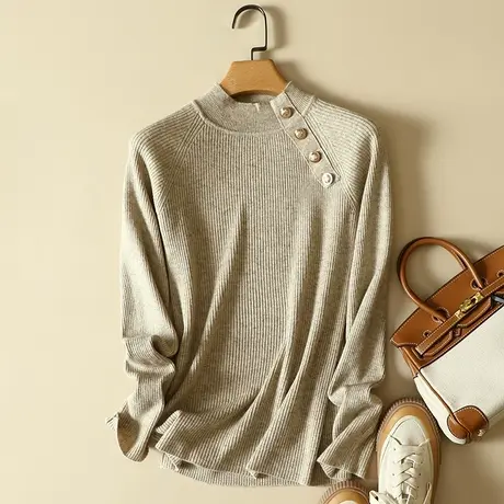 春装新款半高领细抽条针织衫韩版洋气百搭修身毛衣女显瘦打底上衣商品大图