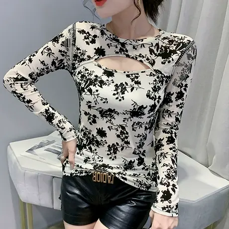 时尚碎花印染T恤女长袖流苏性感镂空打底衫春装设计感网纱上衣ins商品大图