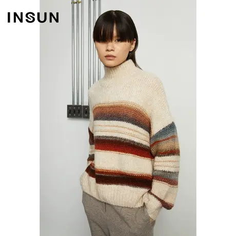 INSUN恩裳冬季纱线混纺拼接毛针织衫商品大图