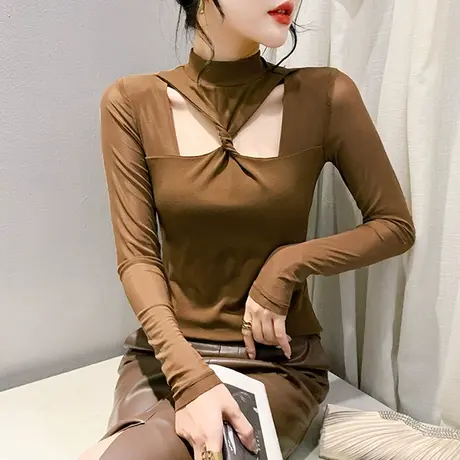 气质减龄镂空褶皱上衣性感扭结立领T恤女长袖洋气修身收腰打底衫商品大图
