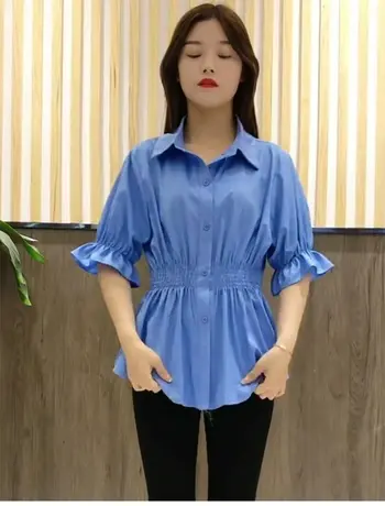 收腰衬衫短袖2023新款显瘦女士衬衫设计感小众衬衣雪纺遮肚子上衣商品大图