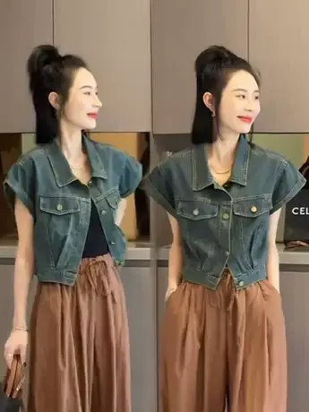 夏季新款牛仔短袖小外套女韩版韩版短款小众设计感宽松衬衣外套潮商品大图