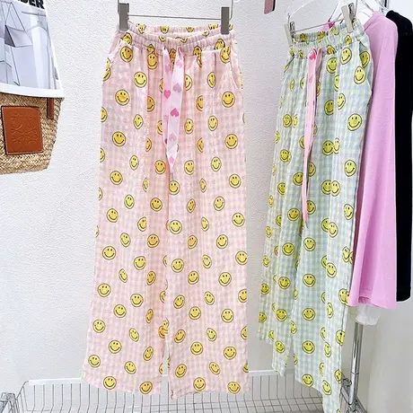 韩国东大门夏季高腰泡泡棉休闲裤ins笑脸清爽阔腿裤遛弯外穿大码图片