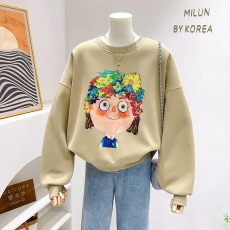 小个子加绒卫衣2023秋冬新款ins油画风加厚摇粒绒上衣显腿长欧货商品大图