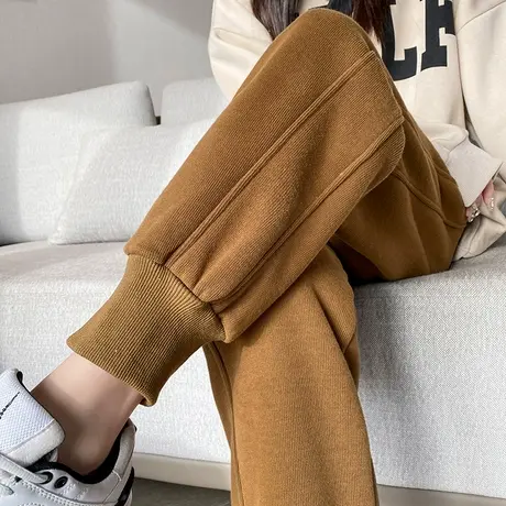 加厚羊羔绒卡其色运动裤女束脚2023秋冬新款高腰宽松显瘦哈伦卫裤商品大图