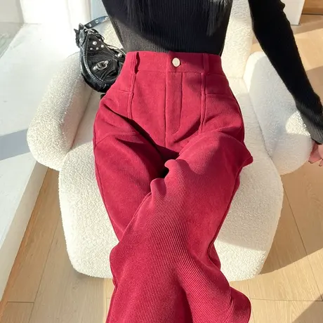 加绒加厚雪尼尔窄版阔腿裤女2024秋冬新款高腰显瘦窄版休闲直筒裤商品大图