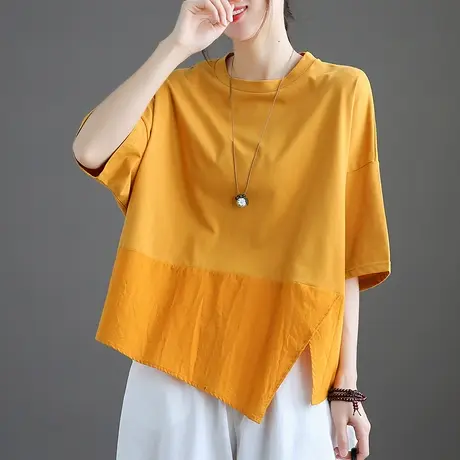 dza不规则纯棉短袖t恤女士宽松大码白色不对称体恤夏季新薄款上衣商品大图