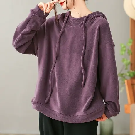 dza 复古纯色短款双面奥粒绒加绒卫衣女秋冬内搭保暖打底宽松上衣图片