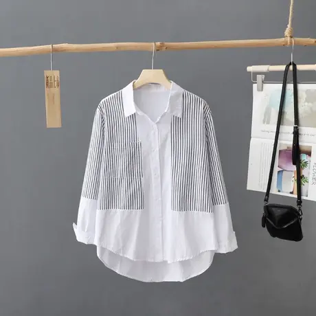 白色条纹衬衫女式宽松休闲中长款秋季衬衣长袖秋季新款女装上衣服图片