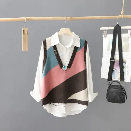 秋季2024新款韩版设计感小众撞色针织马夹女外穿打底毛衣坎肩背心图片