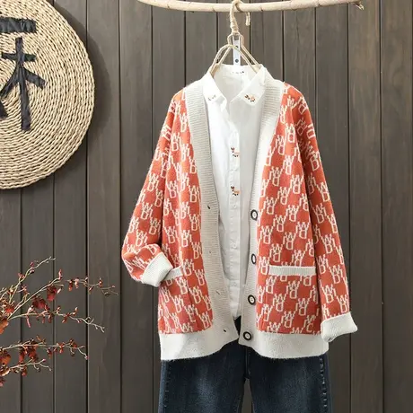 枫谜2021年冬季新款文艺复古提花字母针织毛衣开衫女保暖针织外套图片