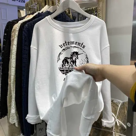 大码秋季磨毛长袖t恤女中长款韩版时尚加厚纯棉套头遮屁股上衣商品大图