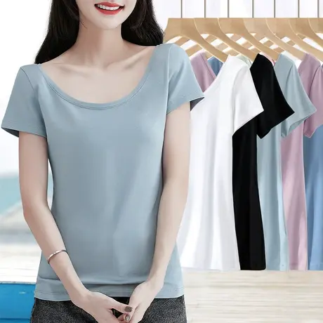 纯色大低圆领短袖t恤女夏新款修身显瘦打底衫百搭休闲体恤上衣商品大图