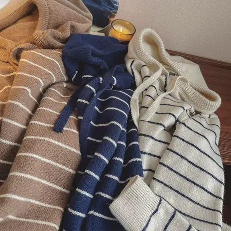 橘喵家连帽卫衣女套头针织衫秋冬新款复古慵懒风宽松长袖条纹毛衣图片