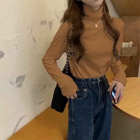 2024年新款春秋冬高领加绒洋气打底衫内搭白色德绒长袖t恤女上衣商品大图