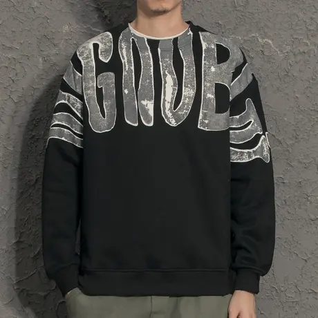 2021年街头风潮流卫衣男春季潮牌印花高街圆领套头衫加绒潮牌上衣商品大图