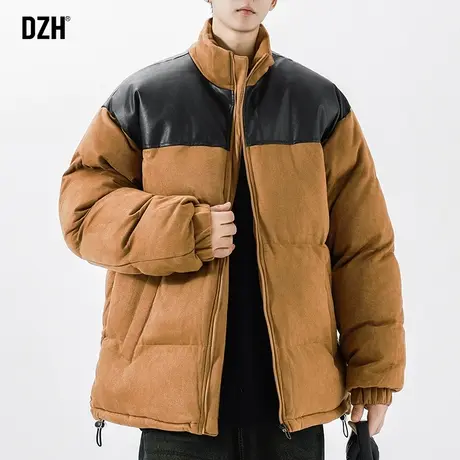 男士咖啡色麂皮绒棉服男款冬季加厚立领PU皮拼接棉衣外套2023新款商品大图