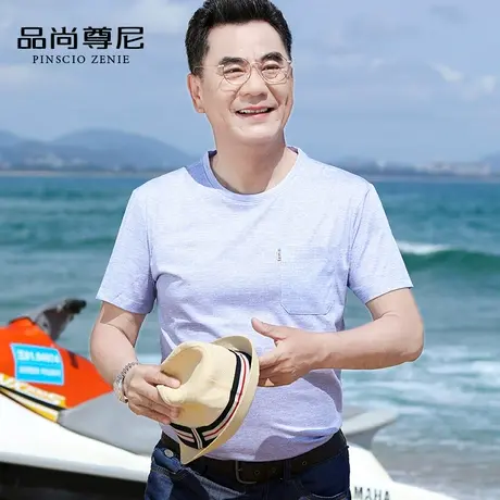 男士短袖2022新款夏装舒适冰爽棉口袋中老年爸爸t恤圆领宽松上衣商品大图