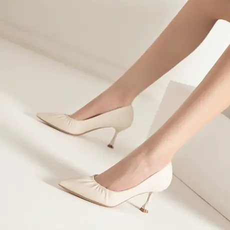 高跟鞋女春季2023年新款尖头褶皱性感细跟百搭职业工作鞋软皮单鞋图片