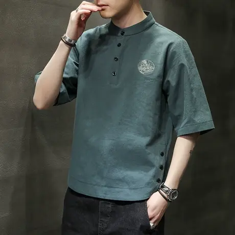 中国风男装亚麻短袖t恤男潮牌帅气刺绣棉麻半袖薄款透气夏天衣服图片