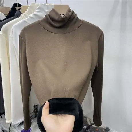 高领加绒加厚长袖T恤女2023年秋冬季新款修身显瘦打底衫内搭上衣商品大图