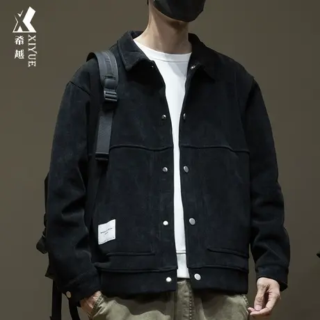 希越欧棉绒夹克外套男冬季宽松大码加绒加厚潮牌痞帅翻领工装衬衣商品大图